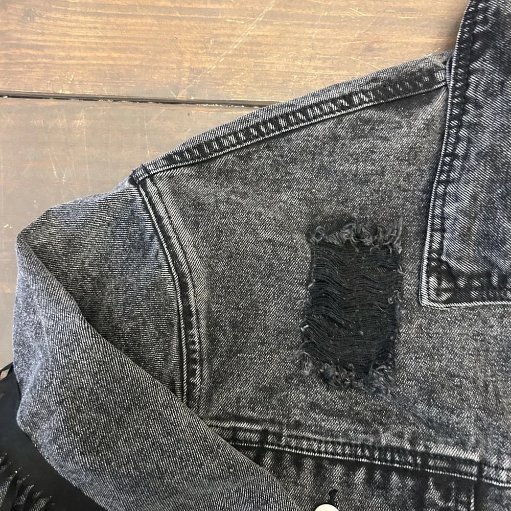 Shein Distressed, Thrashed Black Denim Jacket, Holes Cropped Fringe Size Large - Picture 3 of 13